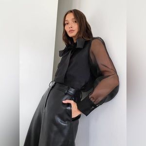 Aritzia babaton holiday party new with tags sheer button up blouse with bow neck